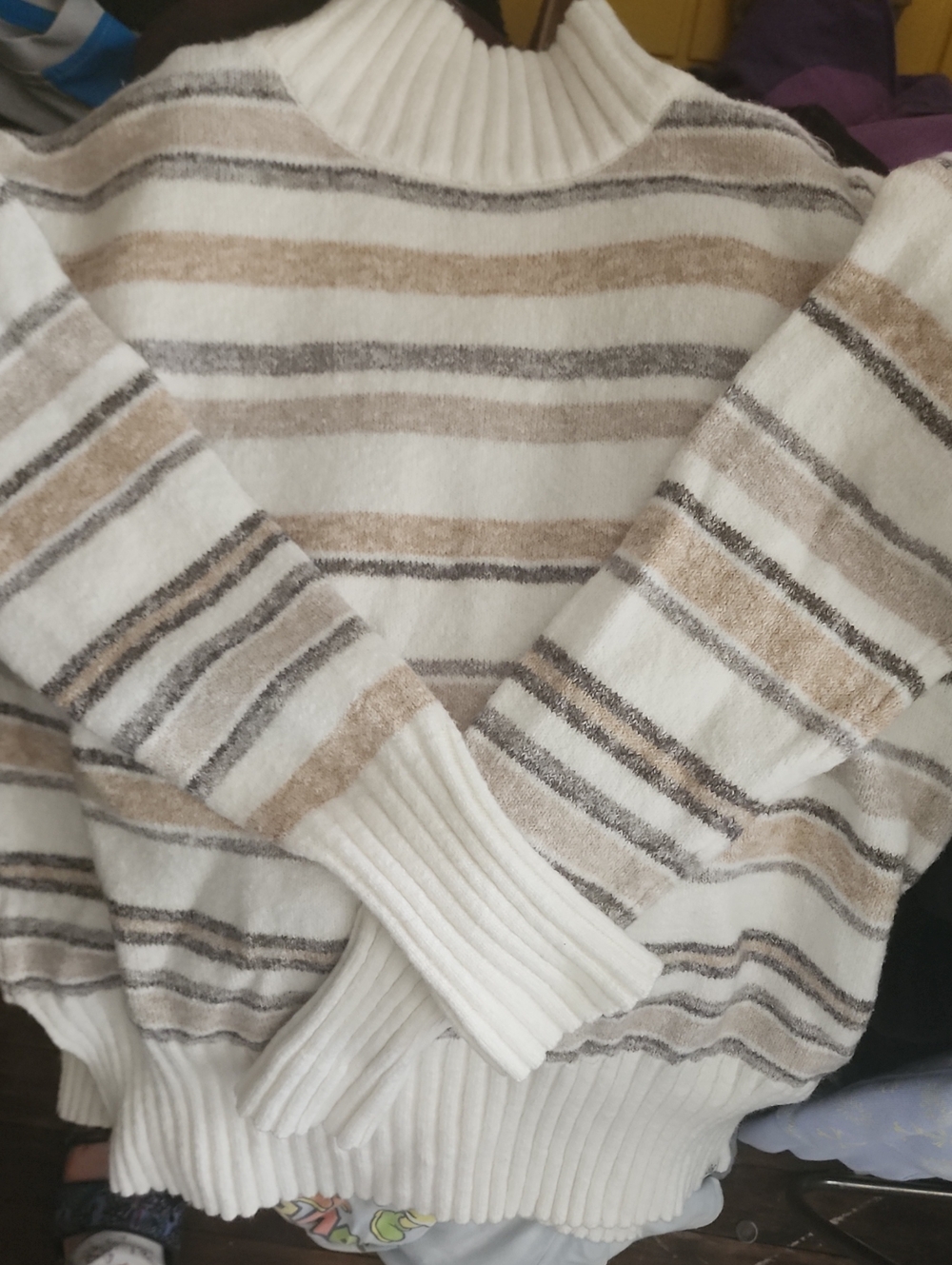 Eddie Bauer Cream Sweater with Beige and Gray Stripes